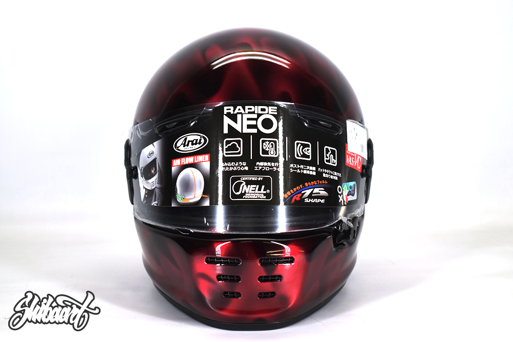 RAPAIDE NEO ヘルメット カスタムペイント｜メタリックのリアルフレイムスにキャンディーマゼンタカラーをコートし輝きを放つデザイン