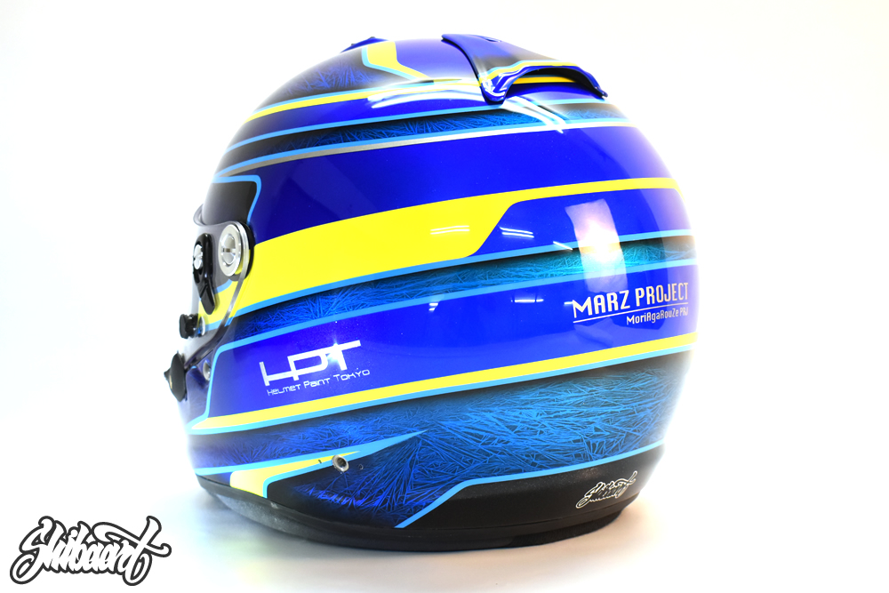 ARAI GP レーシングヘルメット カスタム塗装｜メタリック結晶柄クリスタルミュータント、ブルー・ライトブルー・イエローのユーロデザイン