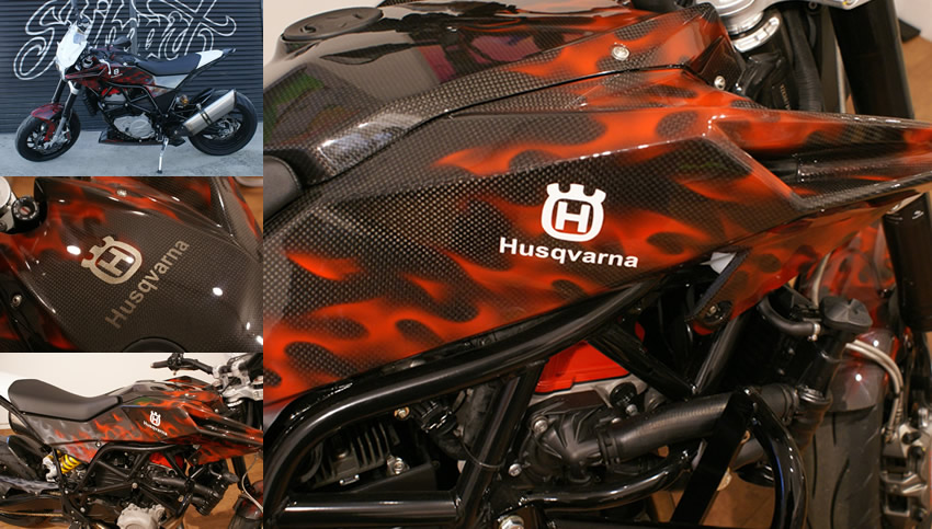HUSQVARNA カーボン外装に施したリアルフレイムス ペイント施工例