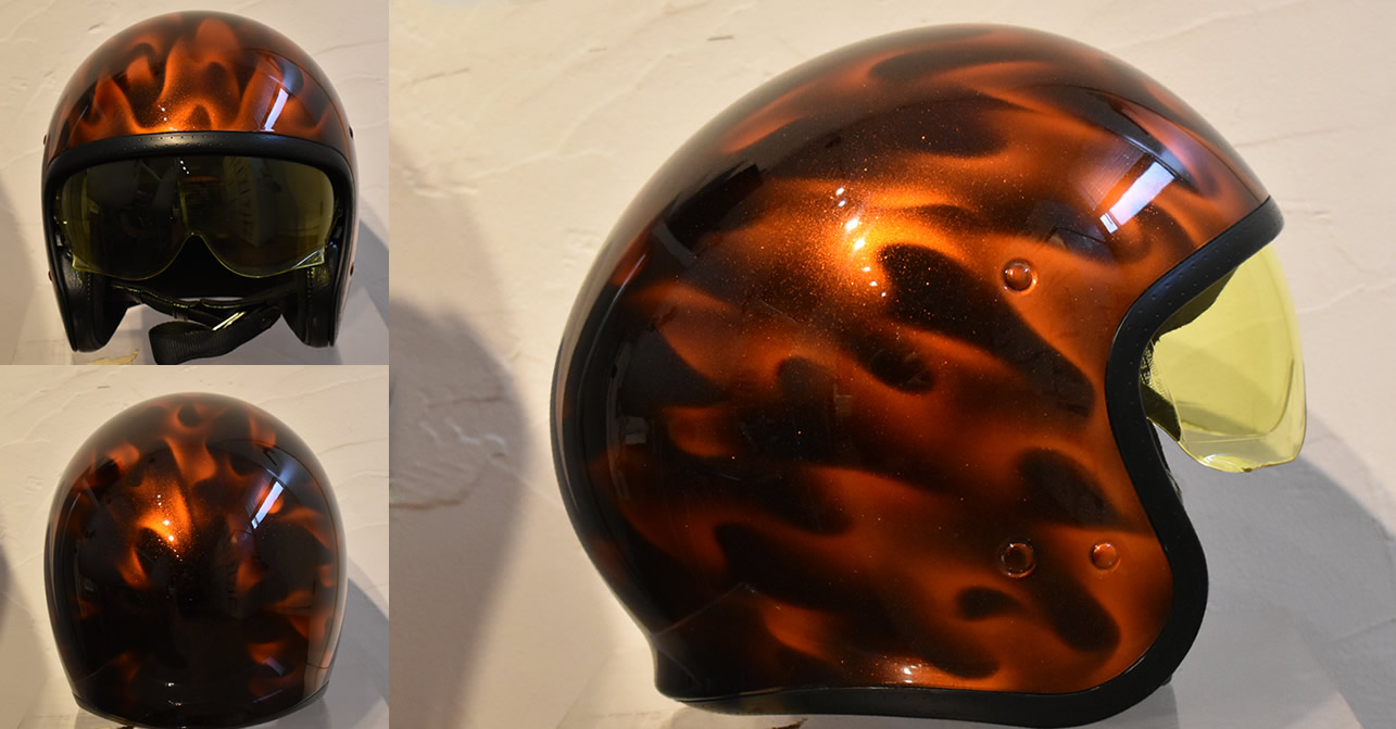 SHOEIジェットヘルメットへのリアルフレイムスペイント施工例