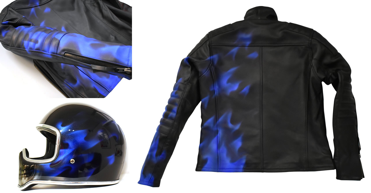 革ジャンとヘルメットにブルーのリアルフレイムスを施したカスタムペイント施工例